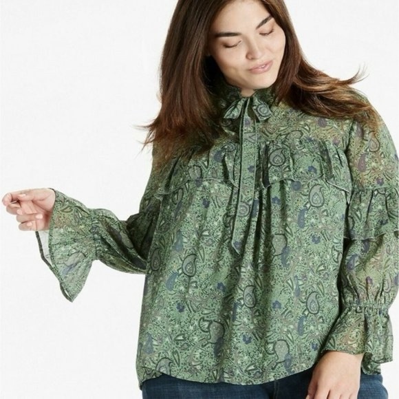 Lucky brand Boho Paisley Blouse Tie Neck Ruffle Sleeve Sheer Peasant Top 3XL - Picture 1 of 6